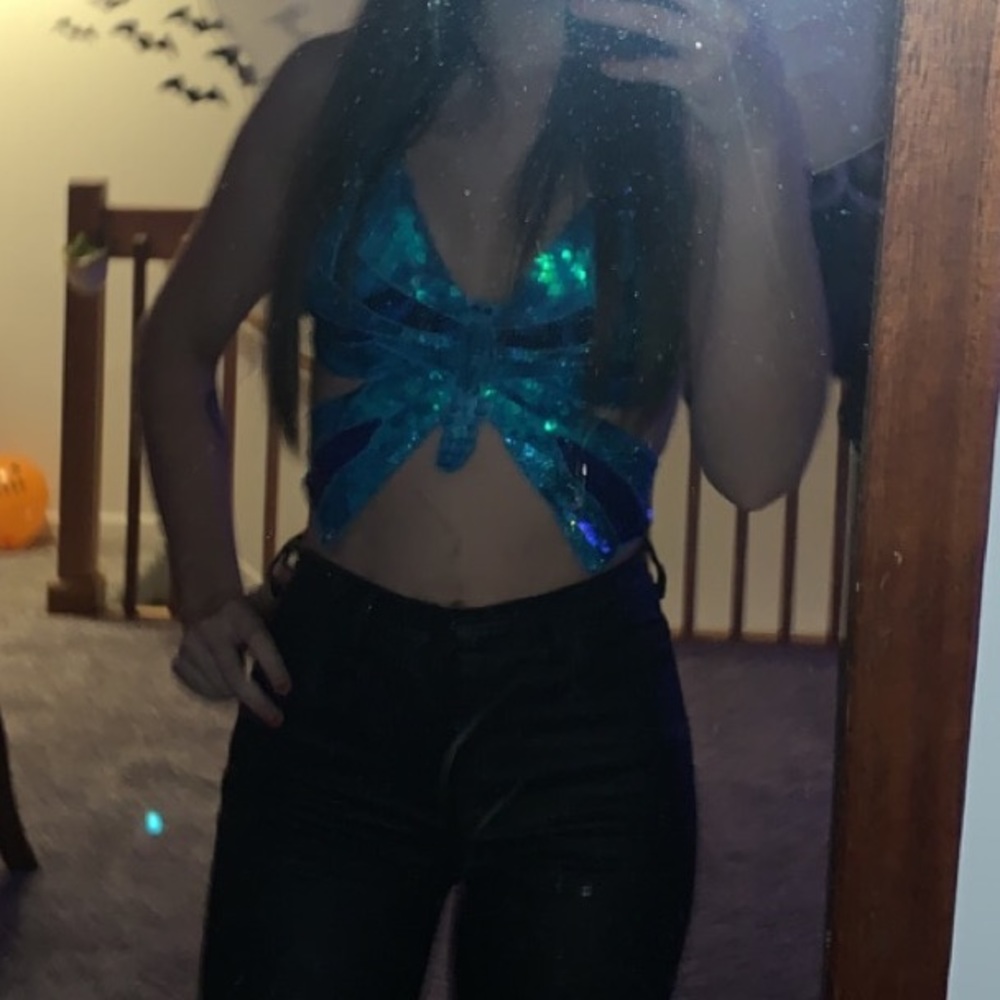 Blue sequin butterfly top